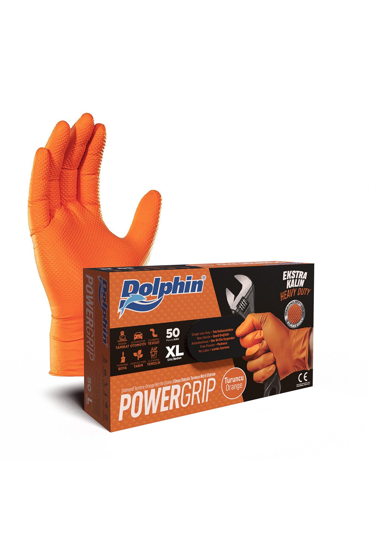 Dolphin PowerGrip Ekstra Kalın Turuncu Nitril Eldiven Elmas Dokulu